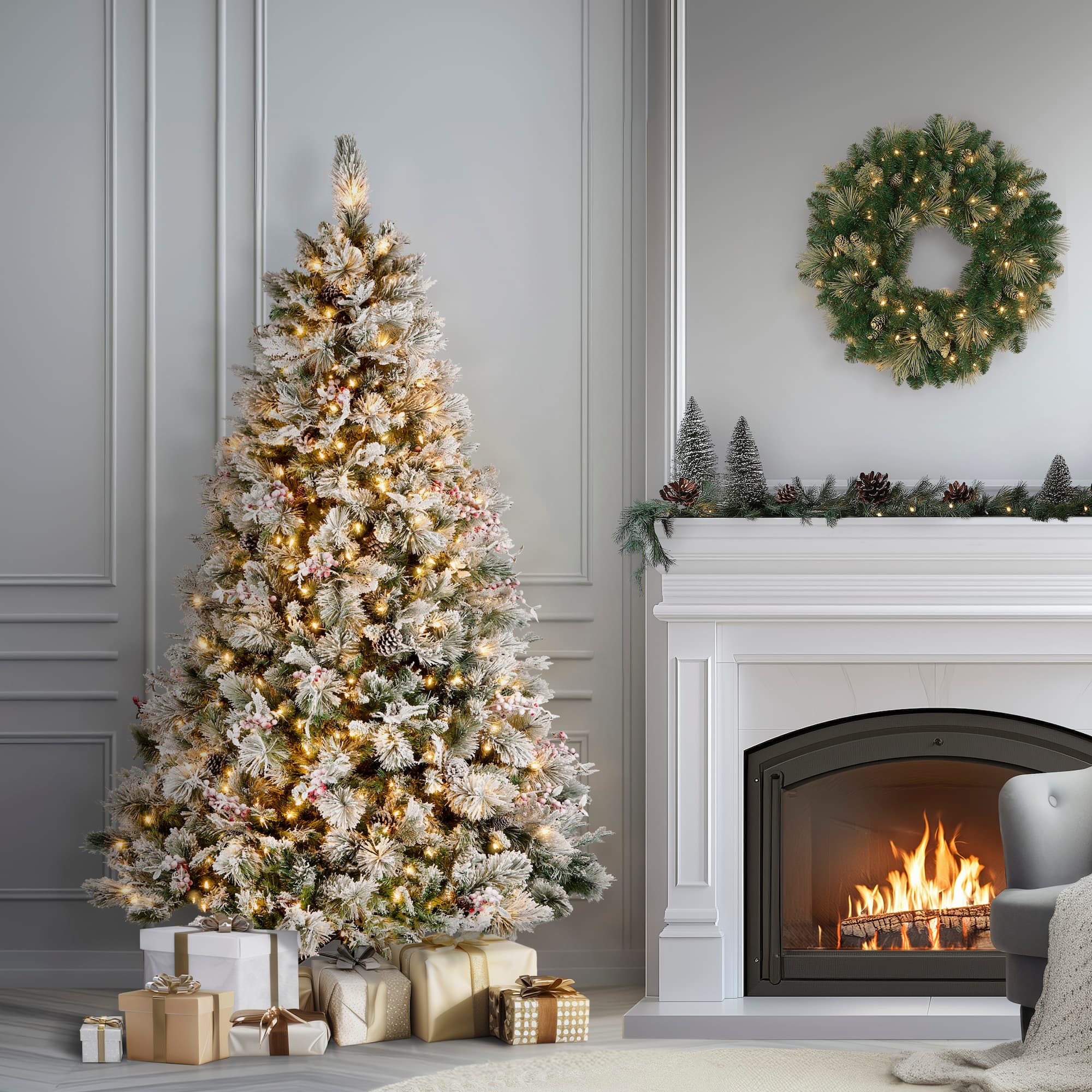 7.5ft. Pre-Lit Snowy Bedford Pine Artificial Christmas Tree, Clear Lights